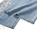 Raw Hem Embroidered Pearl-Frog Closures Jeans