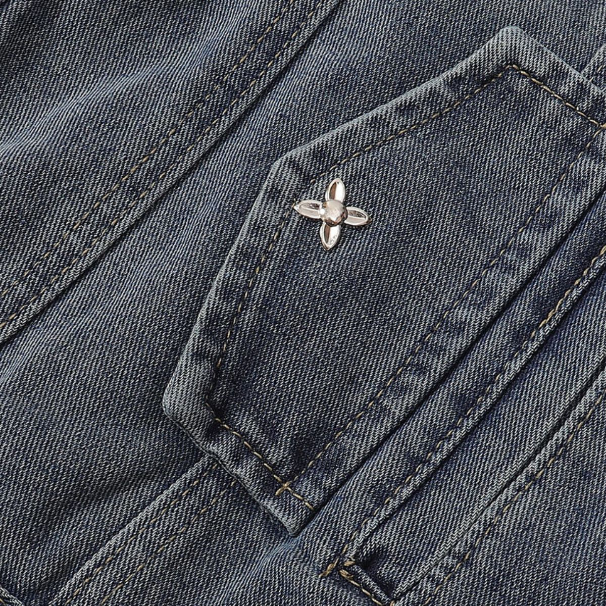 Silver Metal Flower Studs Denim Jacket