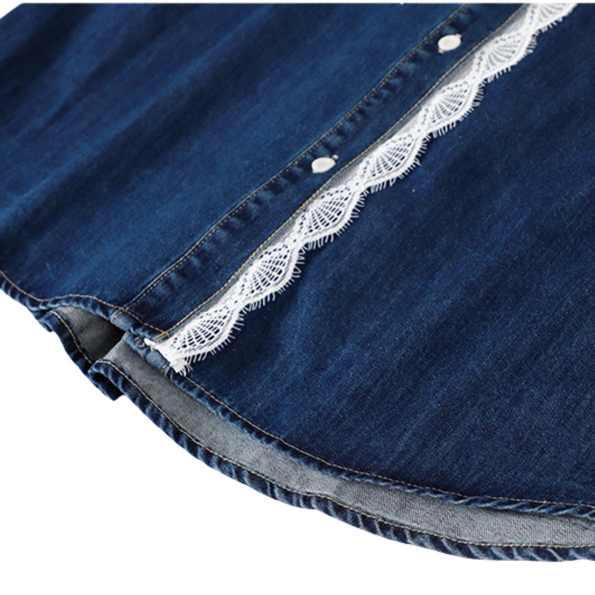 Button-Front Lace Trim Denim Shirt