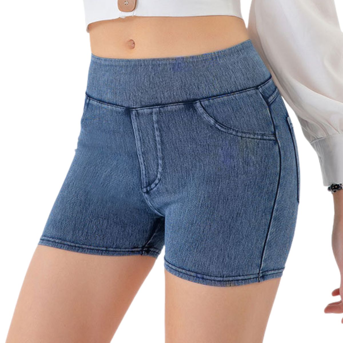Mid-Waisted Washed Knit Denim Shorts