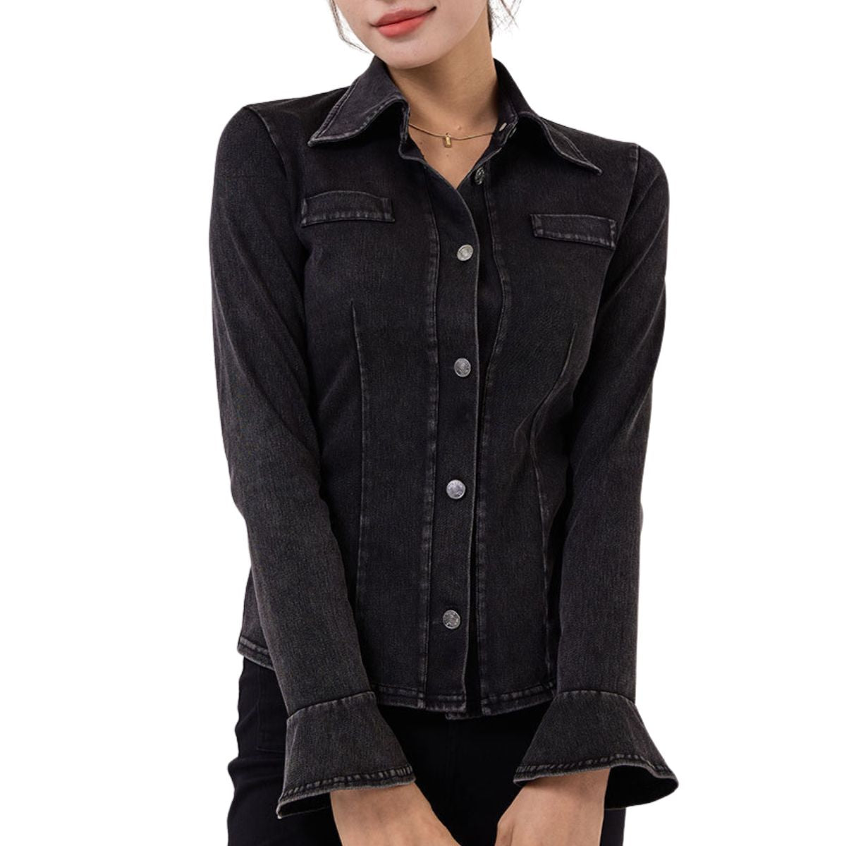 Knit Denim Button-Front Long Sleeve Shirt