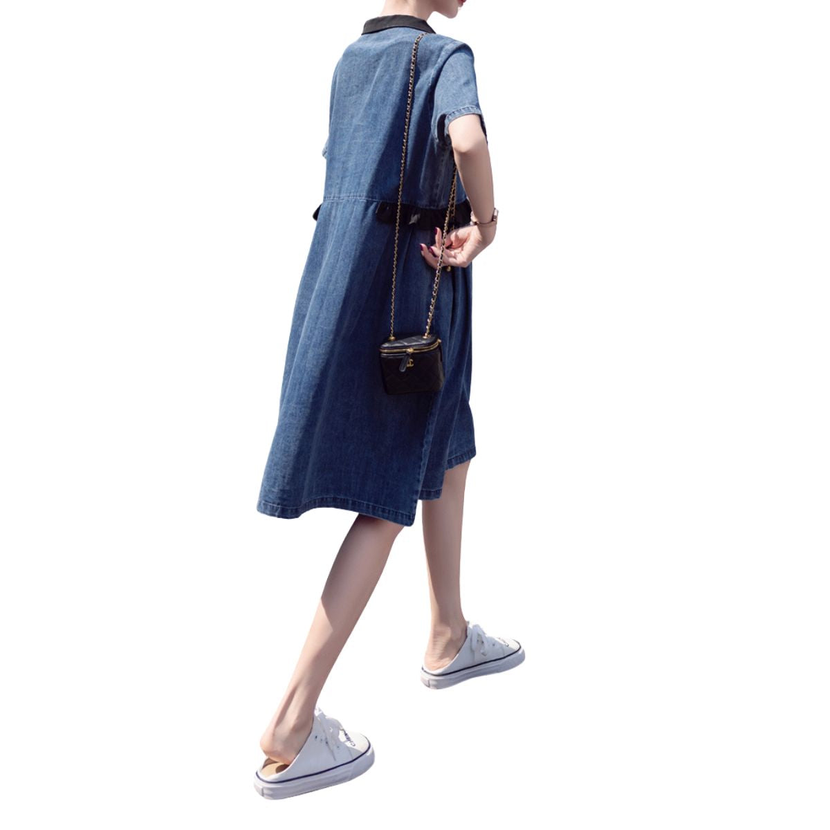 Patchwork Short-Sleeve Denim Shirtdress