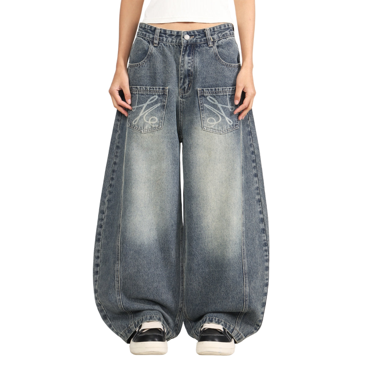 Laser Print Vintage Curved Denim Wide Leg Jeans