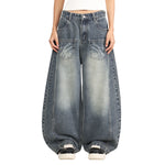 Laser Print Vintage Curved Denim Wide Leg Jeans