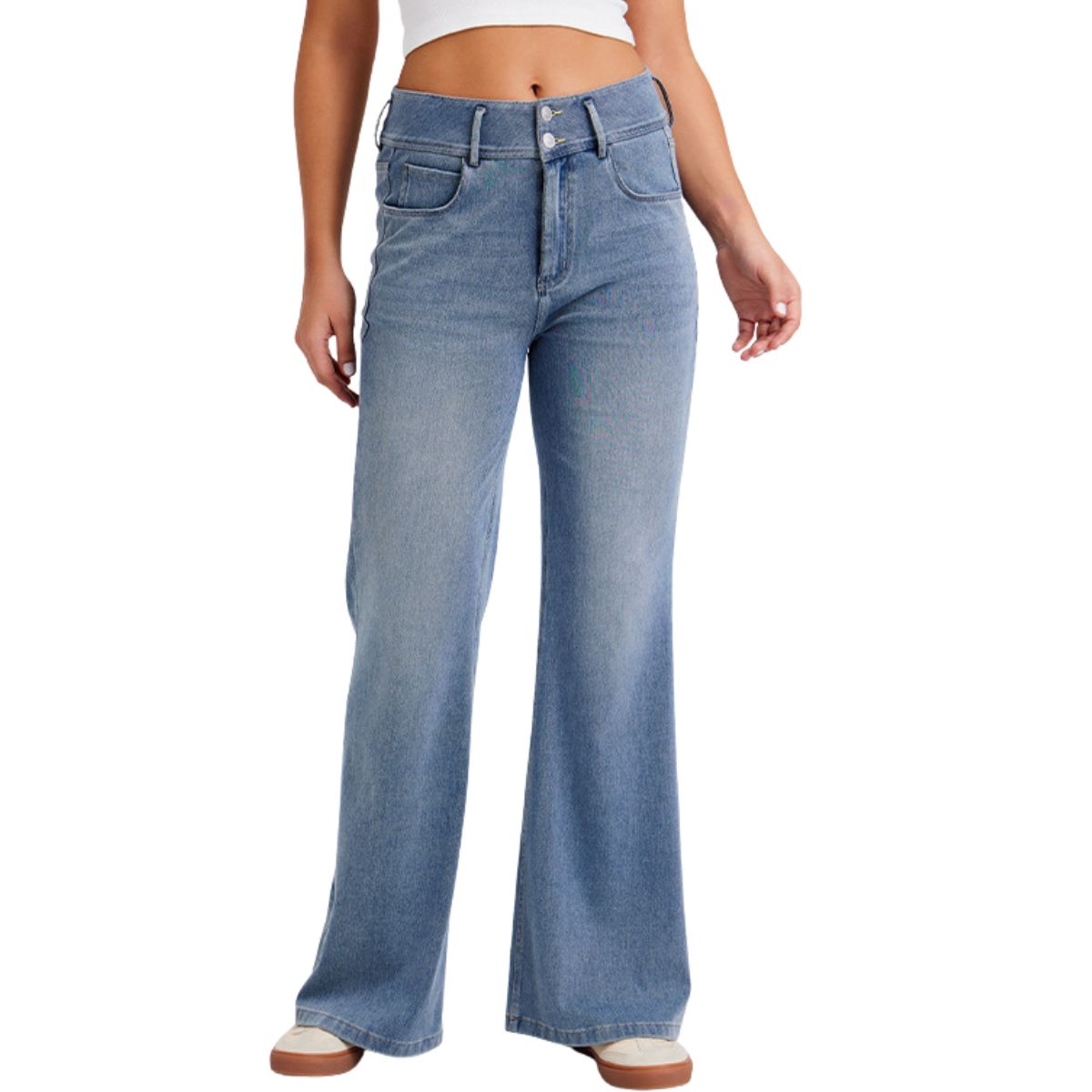 Mid-Rise Washed Knit Denim Flare Jeans