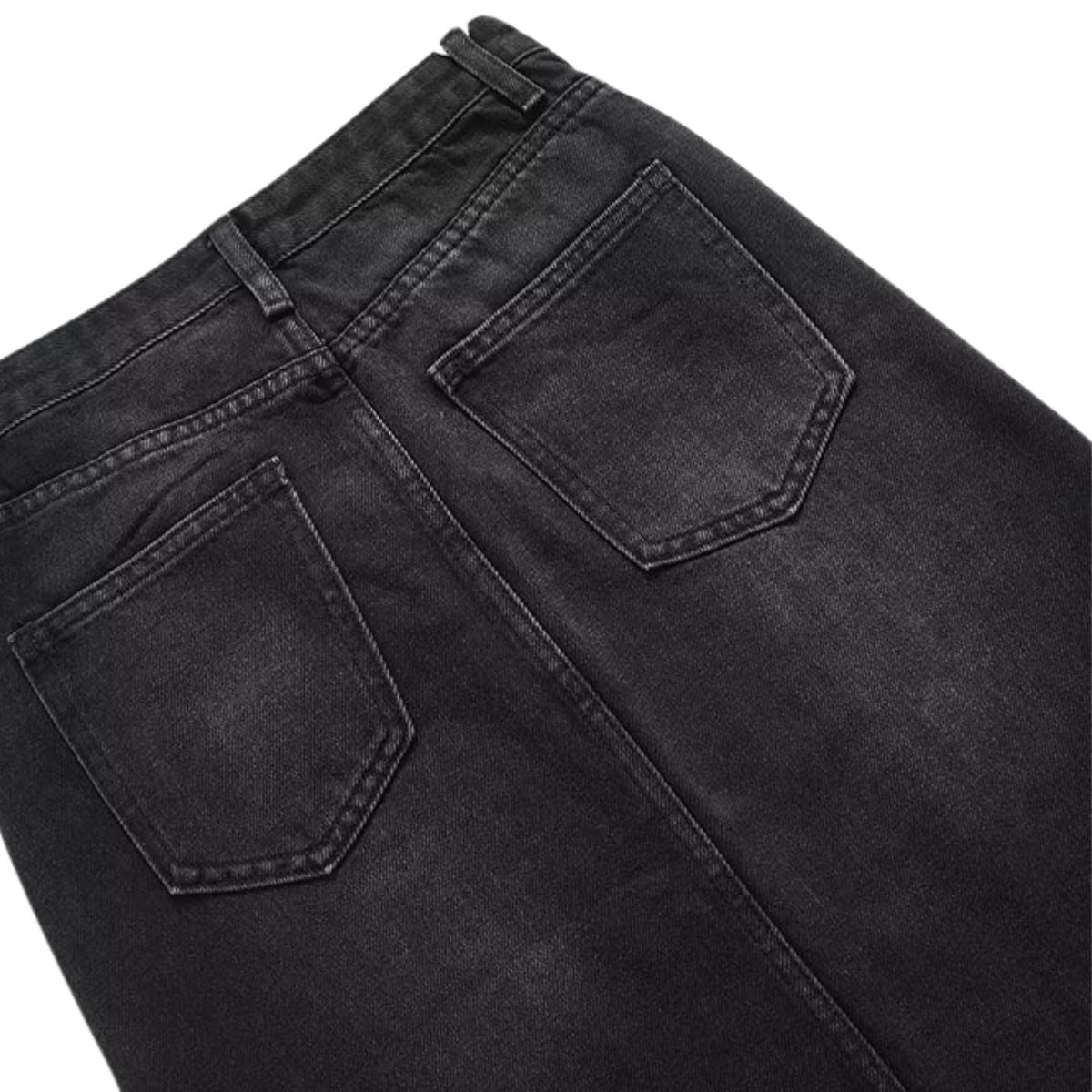 Black Washed Denim Midi Skirt