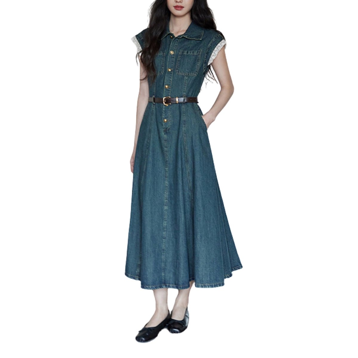 Cap Sleeve Belted Midi Denim Dress