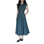 Cap Sleeve Belted Midi Denim Dress