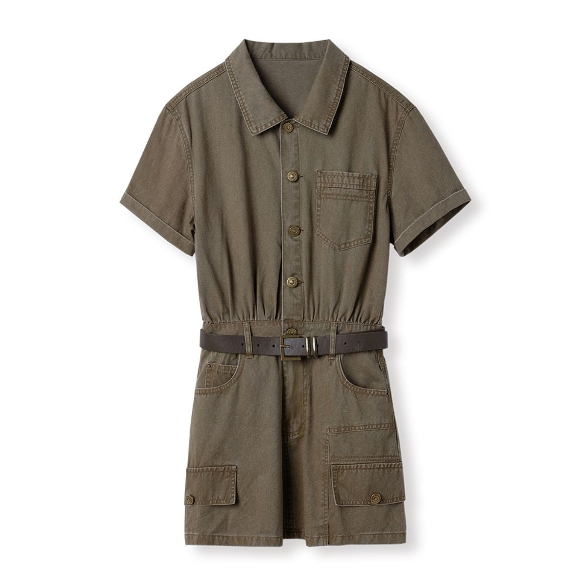 Short-Sleeve Belted Denim Mini Dress