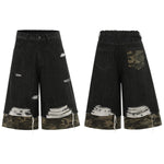 Camo Patchwork Denim Ripped Bermuda Shorts