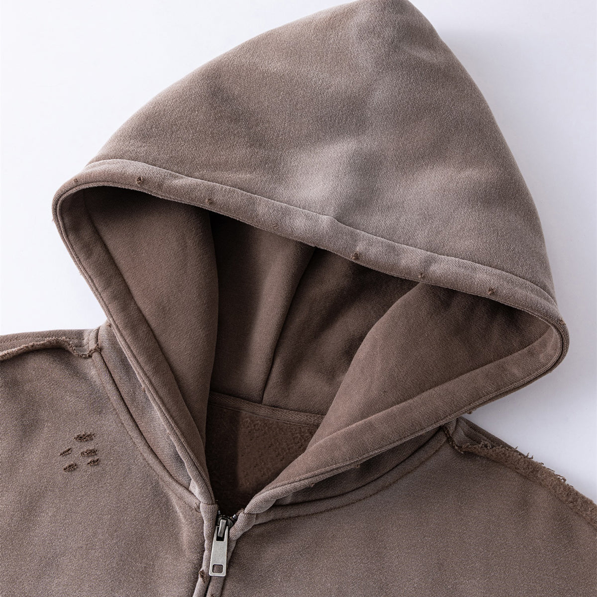 Front-Zip Raw Edge Ripped Hoodie