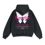 Vintage Washed Butterfly Printed Zipper Hoodie-INNBLAC Fashion Apparel