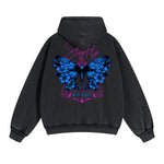 Vintage Washed Butterfly Printed Zipper Hoodie-INNBLAC Fashion Apparel