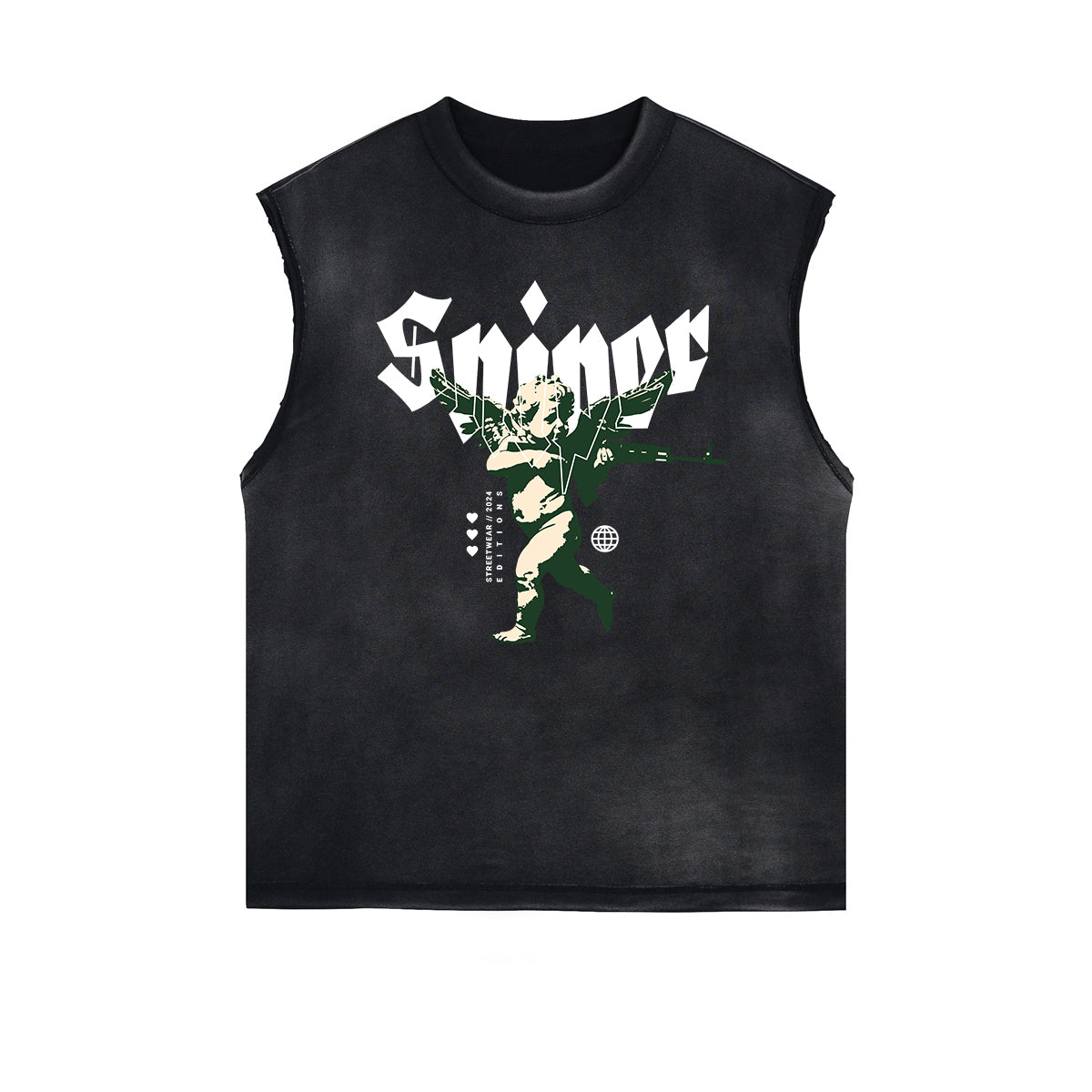 Stone Wash Cupid Angel Graphic Sleeveless Tee