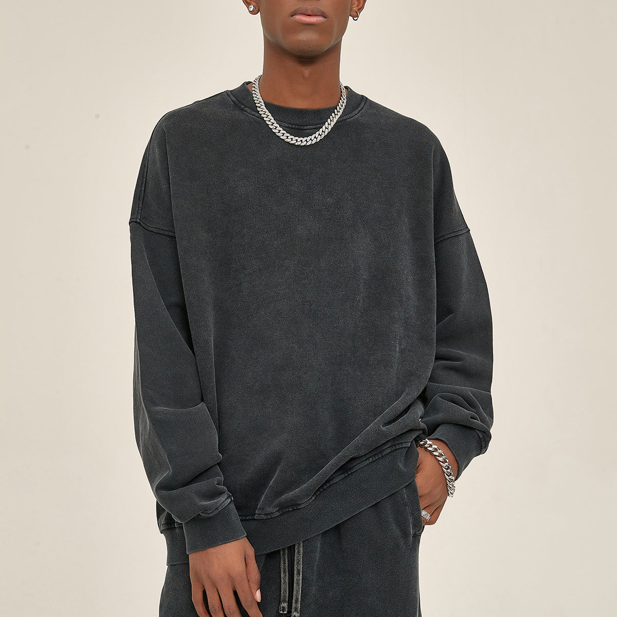 Washed Faded Crew Neck Sweatshirt-INNBLAC Fashion Apparel