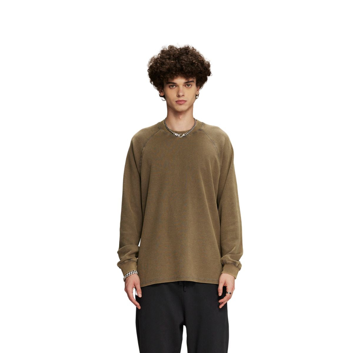 Heavyweight Waffle-knit Long Sleeve T Shirt-INNBLAC Fashion Apparel