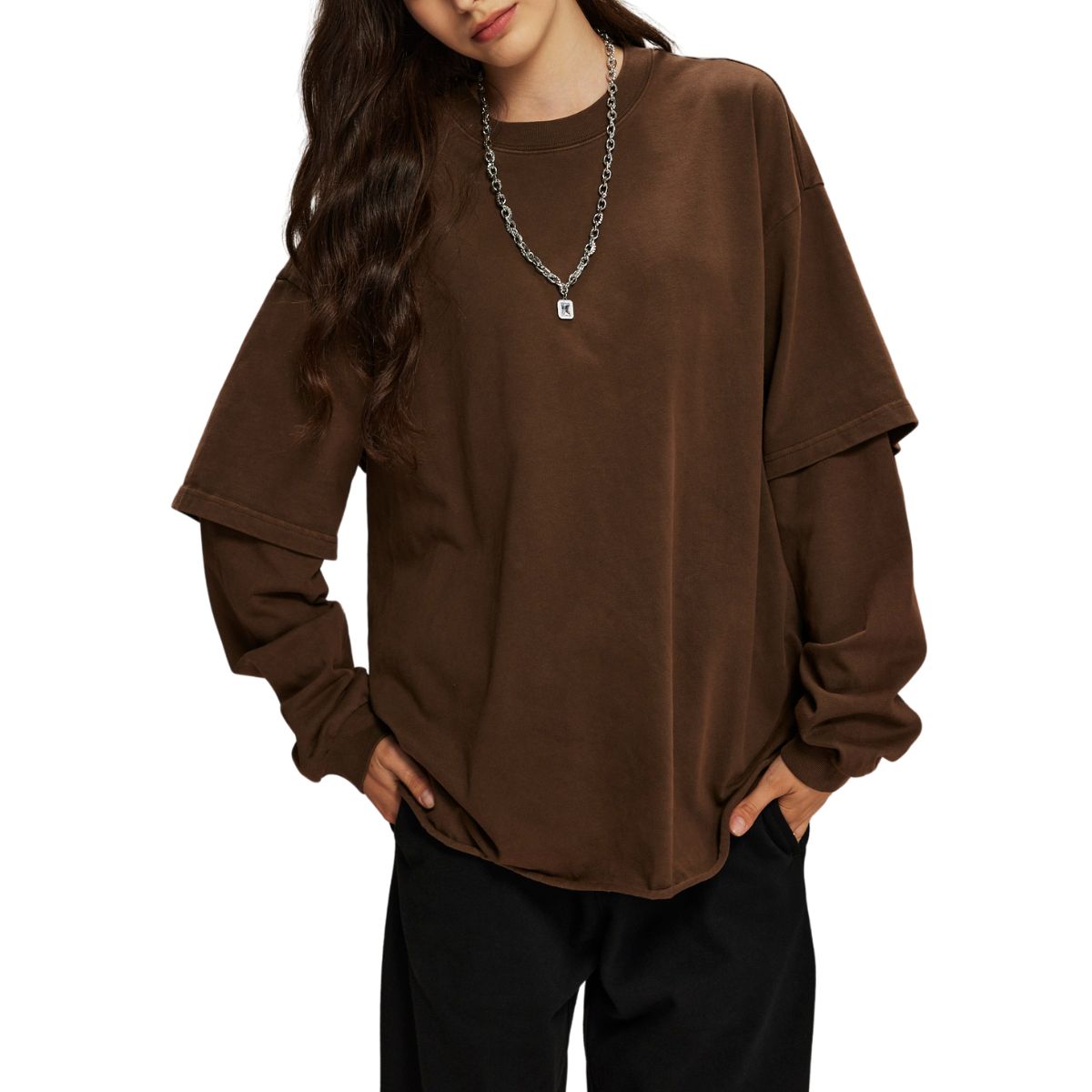 Women's Distressed Hem Mock Two Piece Sweatshirt-INNBLAC Fashion Apparel