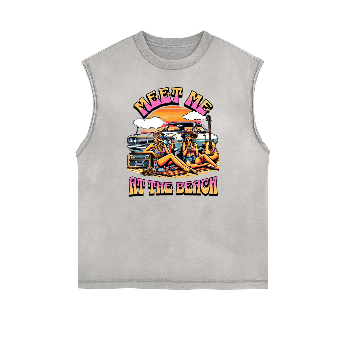 Distressed Sleeveless Summer Vacation Pattern Tee