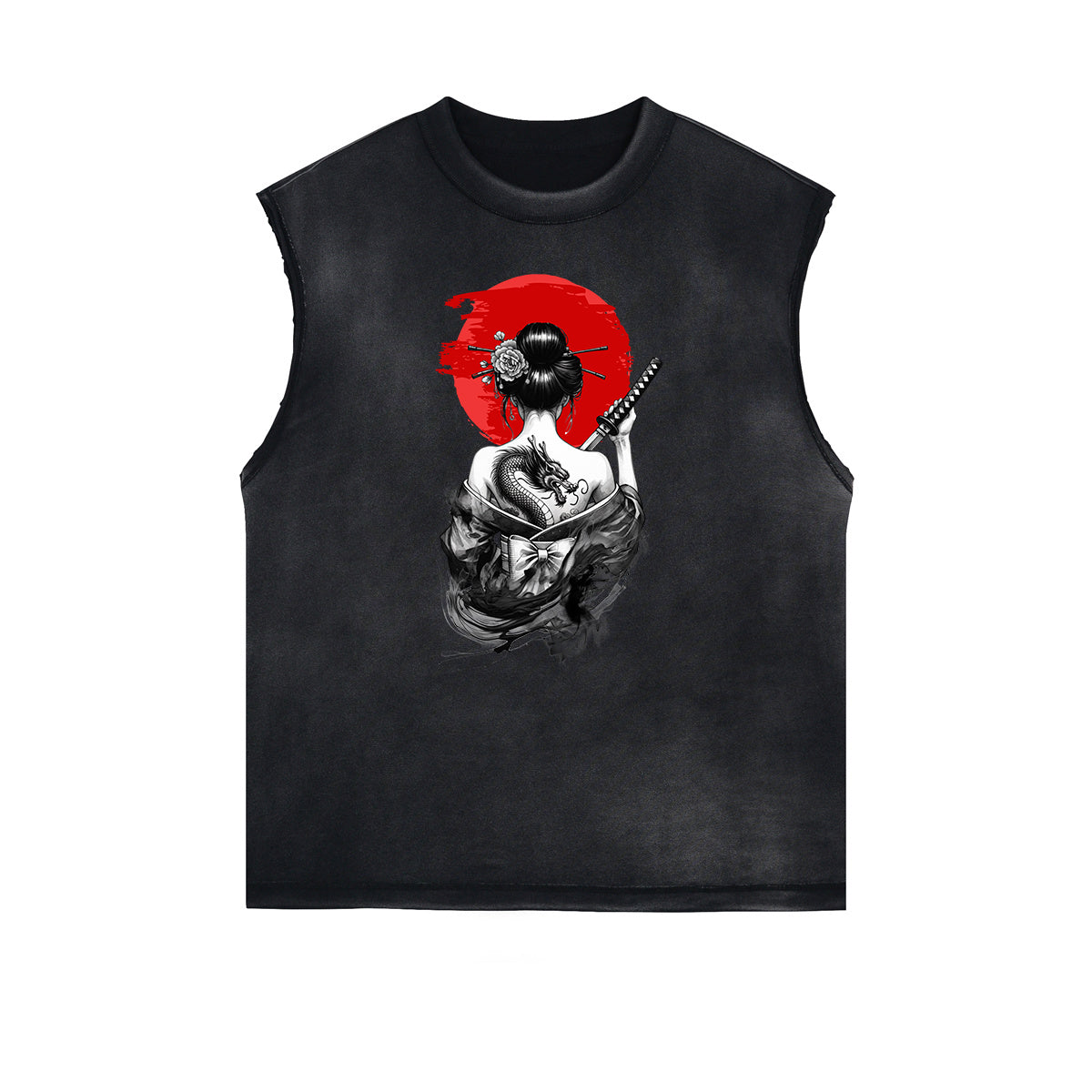 Distressed Sleeveless Japanese Ukiyo Pattern Tee