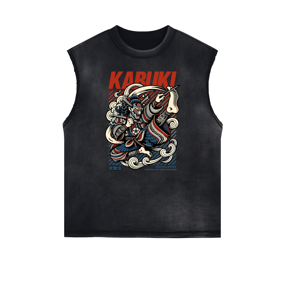 Distressed Sleeveless Japanese Ukiyo Pattern Tee