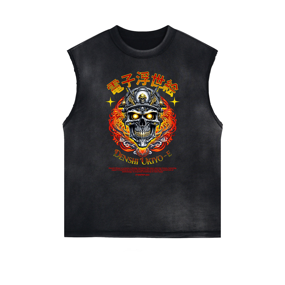 Distressed Sleeveless Japanese Ukiyo Pattern Tee