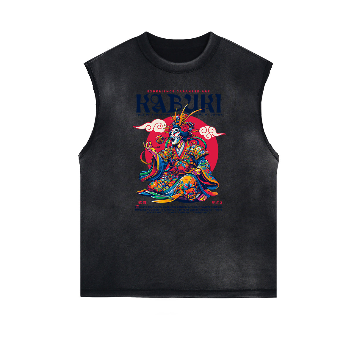 Distressed Sleeveless Japanese Ukiyo Pattern Tee