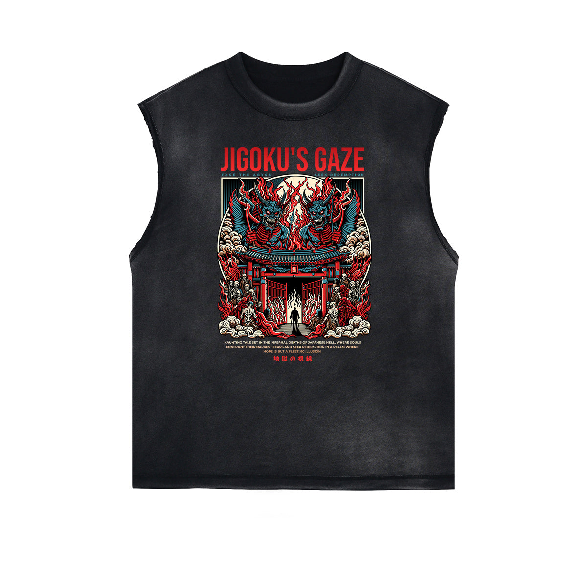 Distressed Sleeveless Japanese Ukiyo Pattern Tee