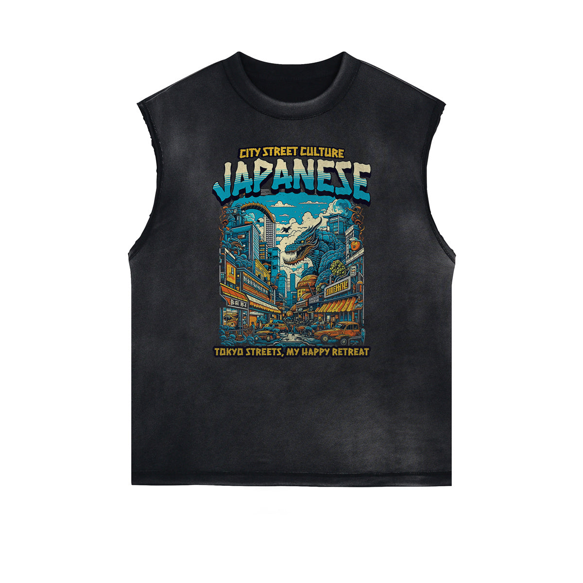 Distressed Sleeveless Japanese Ukiyo Pattern Tee
