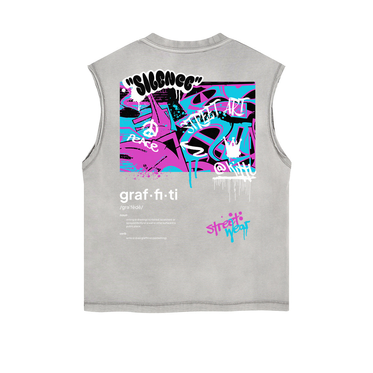 Distressed Sleeveless Graffiti Style Pattern Tee