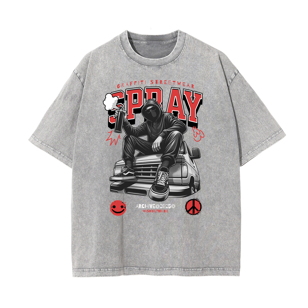 Stone Wash Graffiti Style Graphic Tee