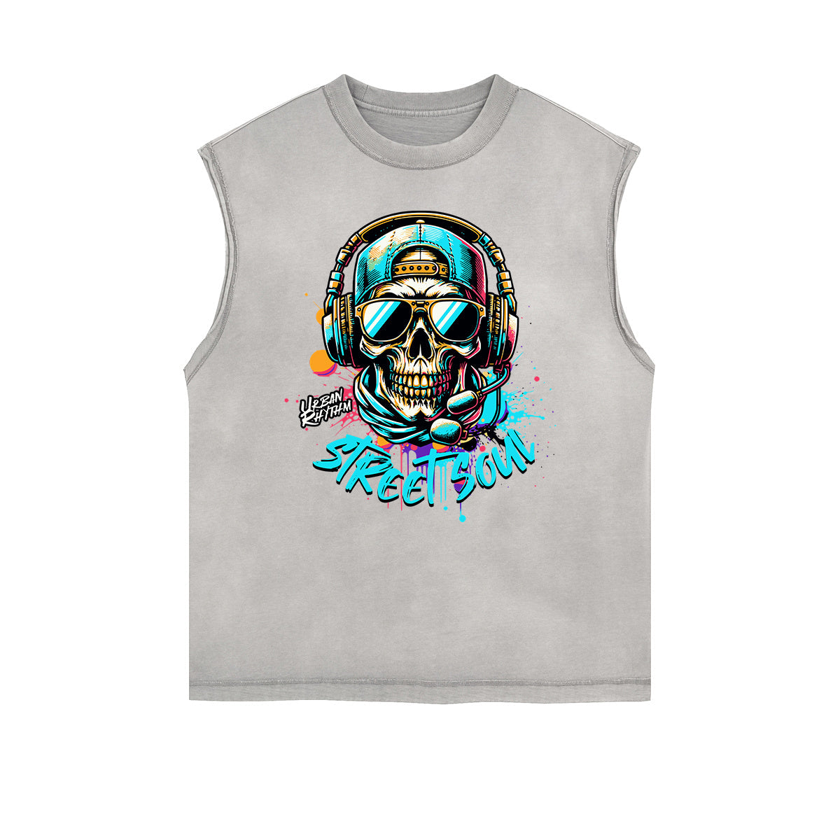 Distressed Sleeveless Graffiti Style Pattern Tee