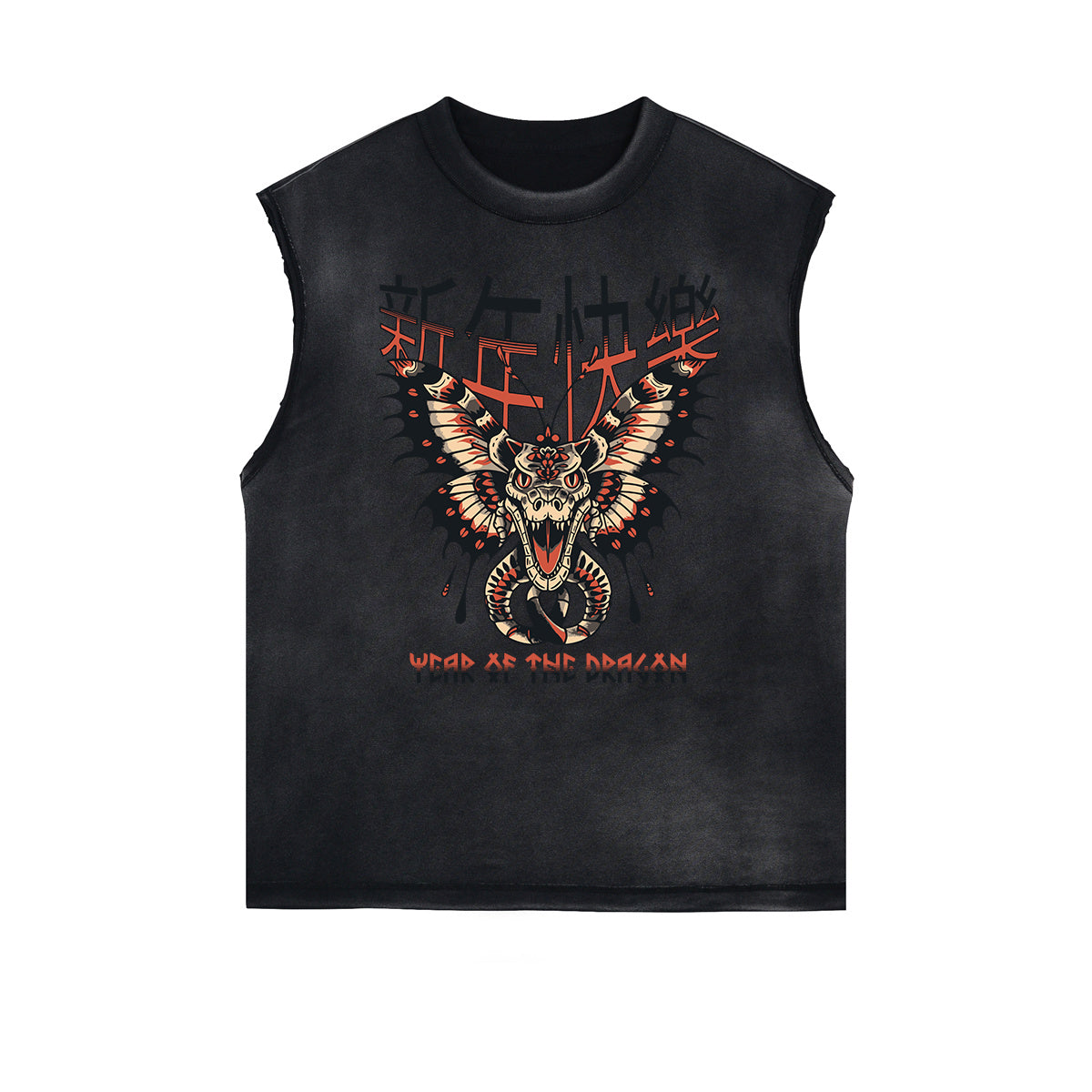 Distressed Sleeveless Asian Style Pattern Tee