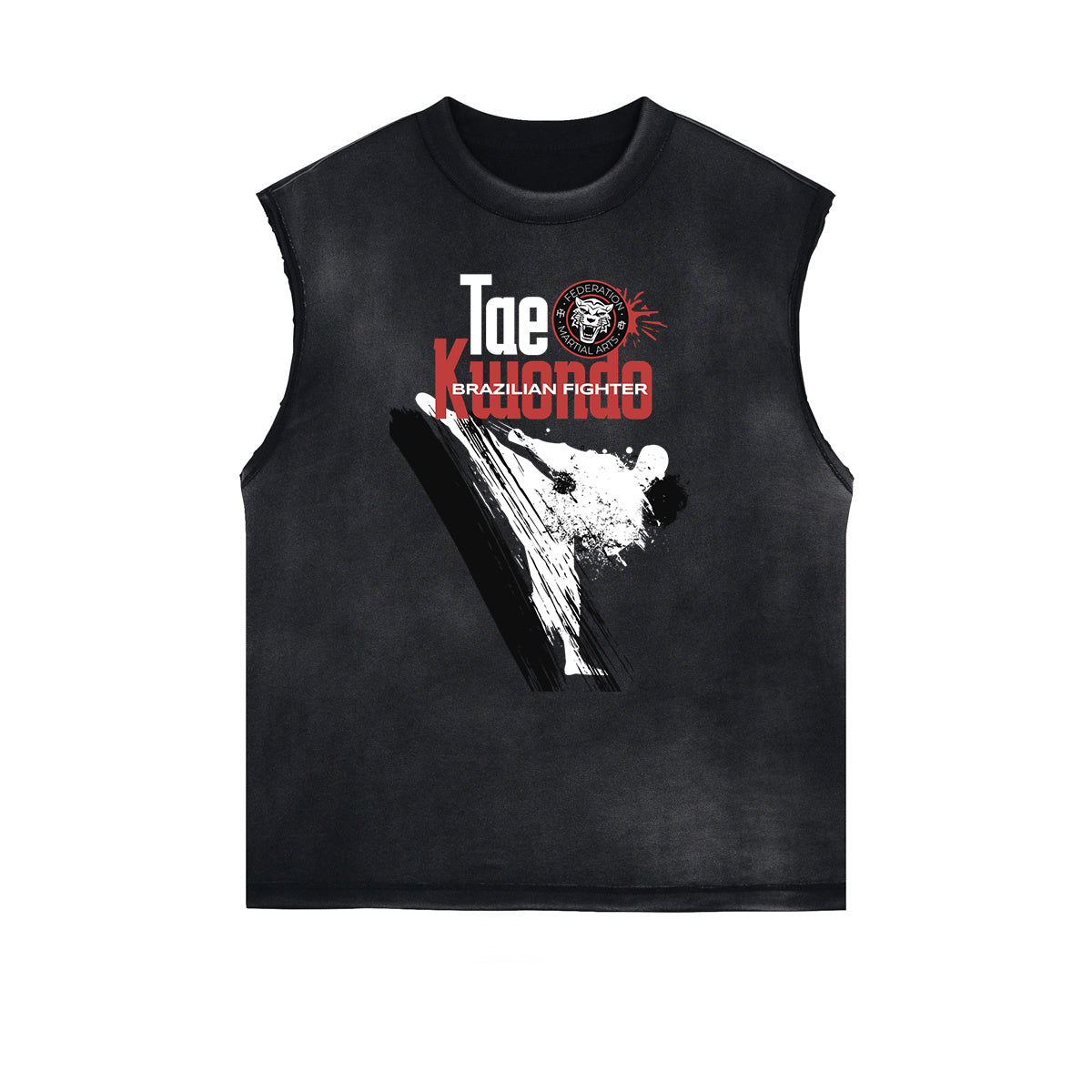 Distressed Sleeveless Asian Style Pattern Tee