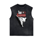 Distressed Sleeveless Asian Style Pattern Tee