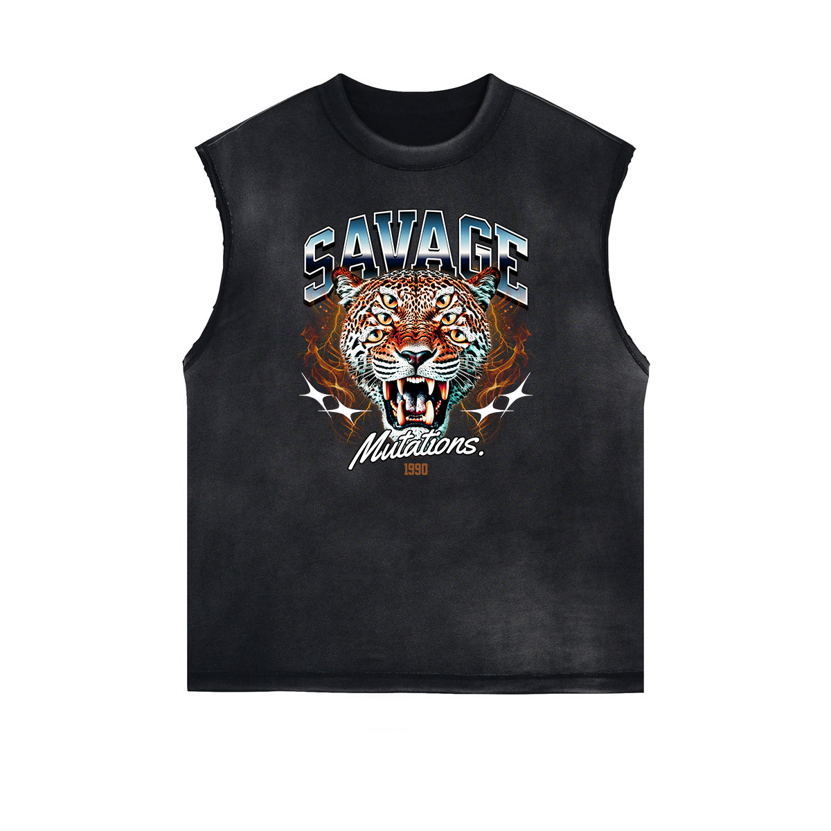 Distressed Sleeveless Asian Style Pattern Tee