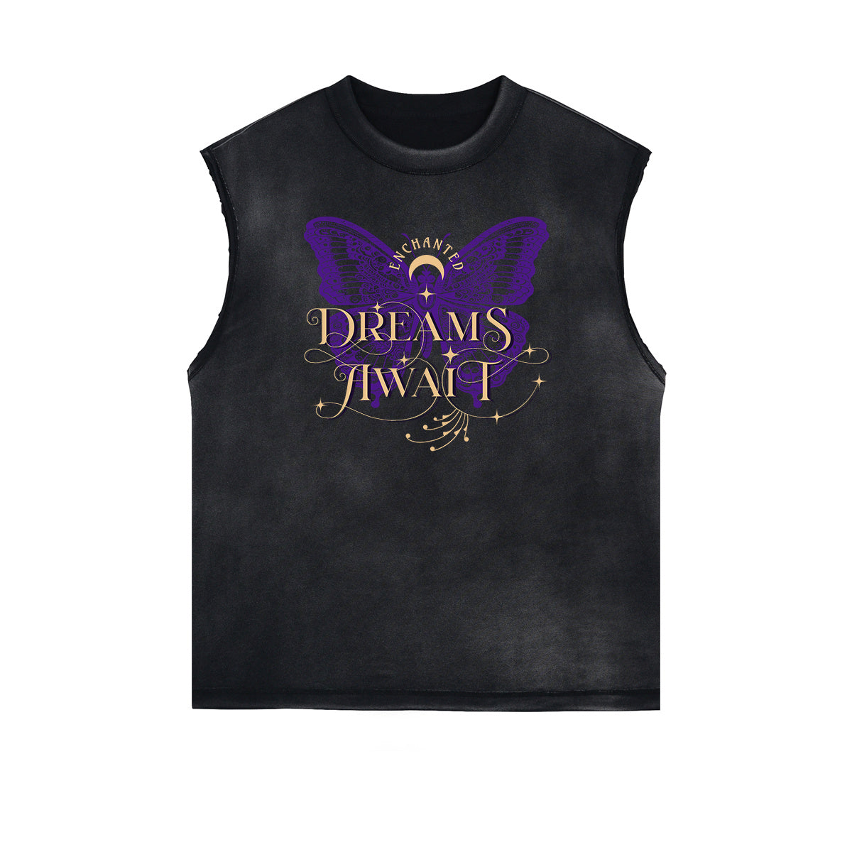 Distressed Sleeveless Asian Style Pattern Tee