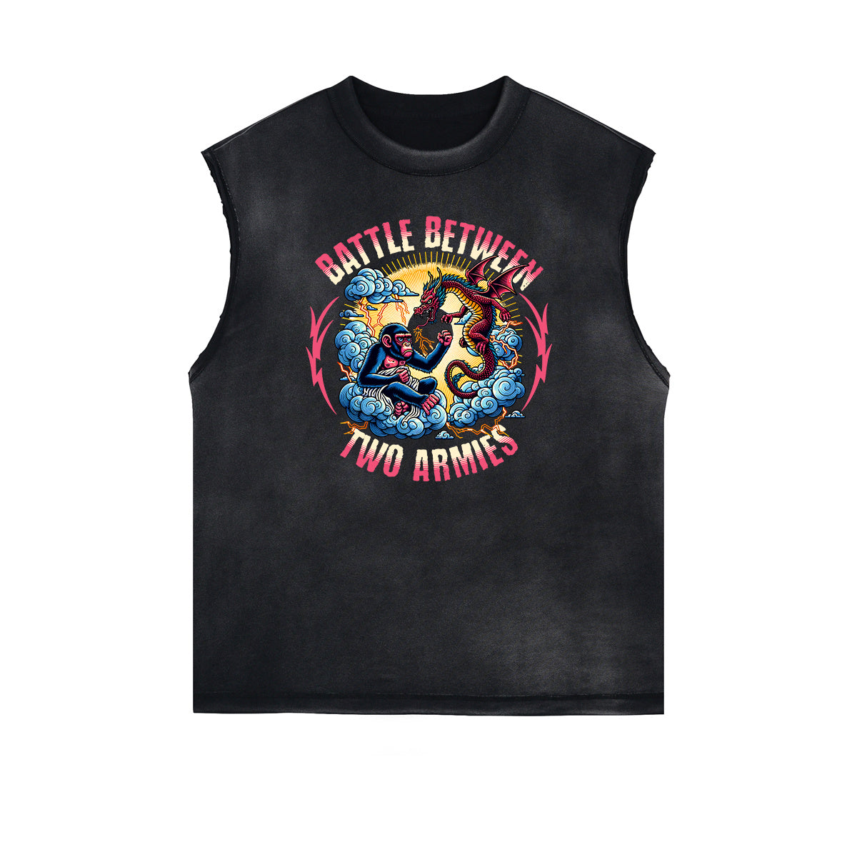 Distressed Sleeveless Asian Style Pattern Tee