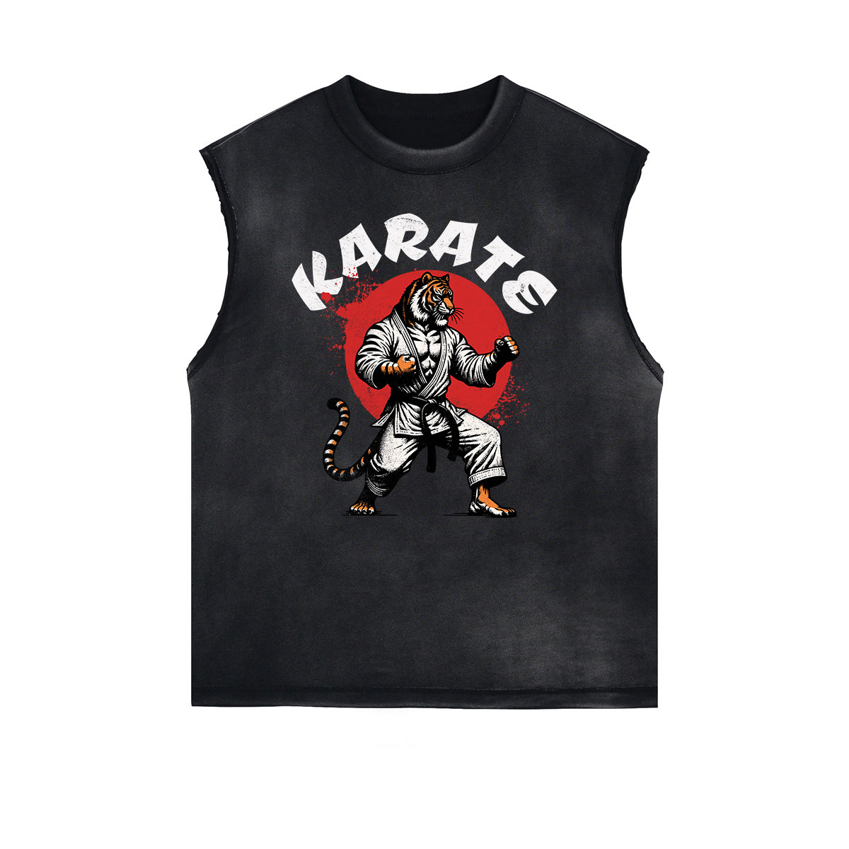 Distressed Sleeveless Asian Style Pattern Tee