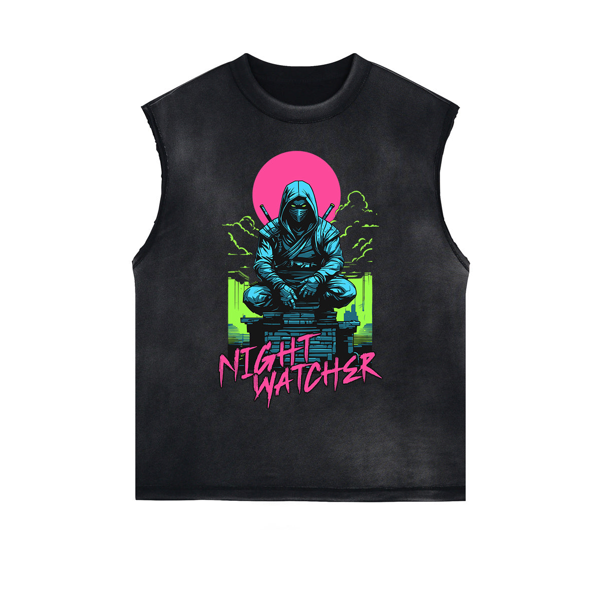 Distressed Sleeveless Asian Style Pattern Tee