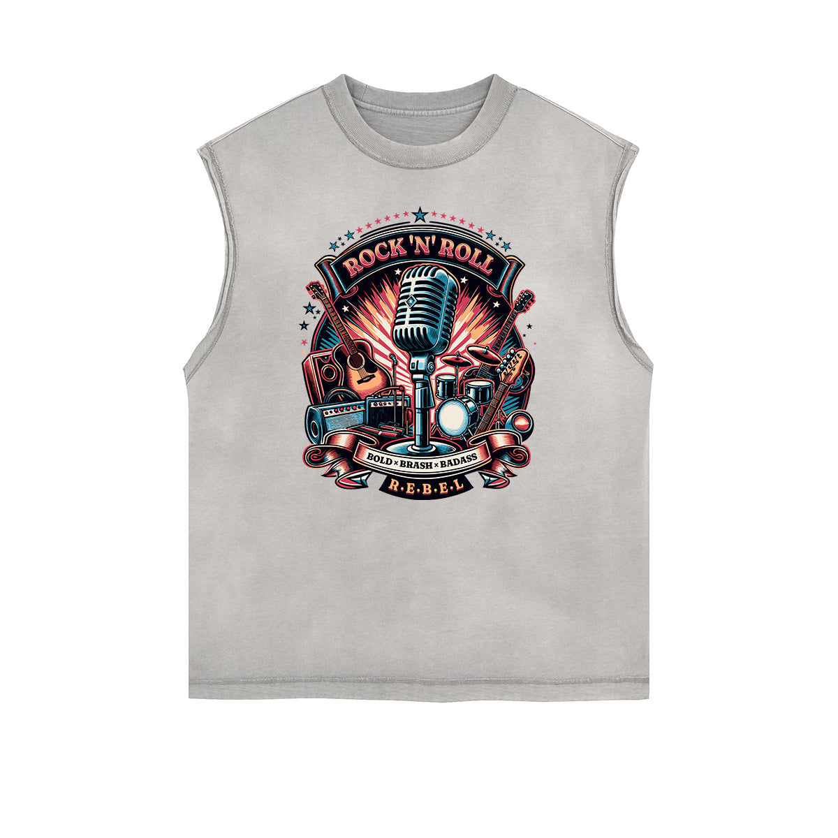 Distressed Sleeveless Rock Style Pattern Tee