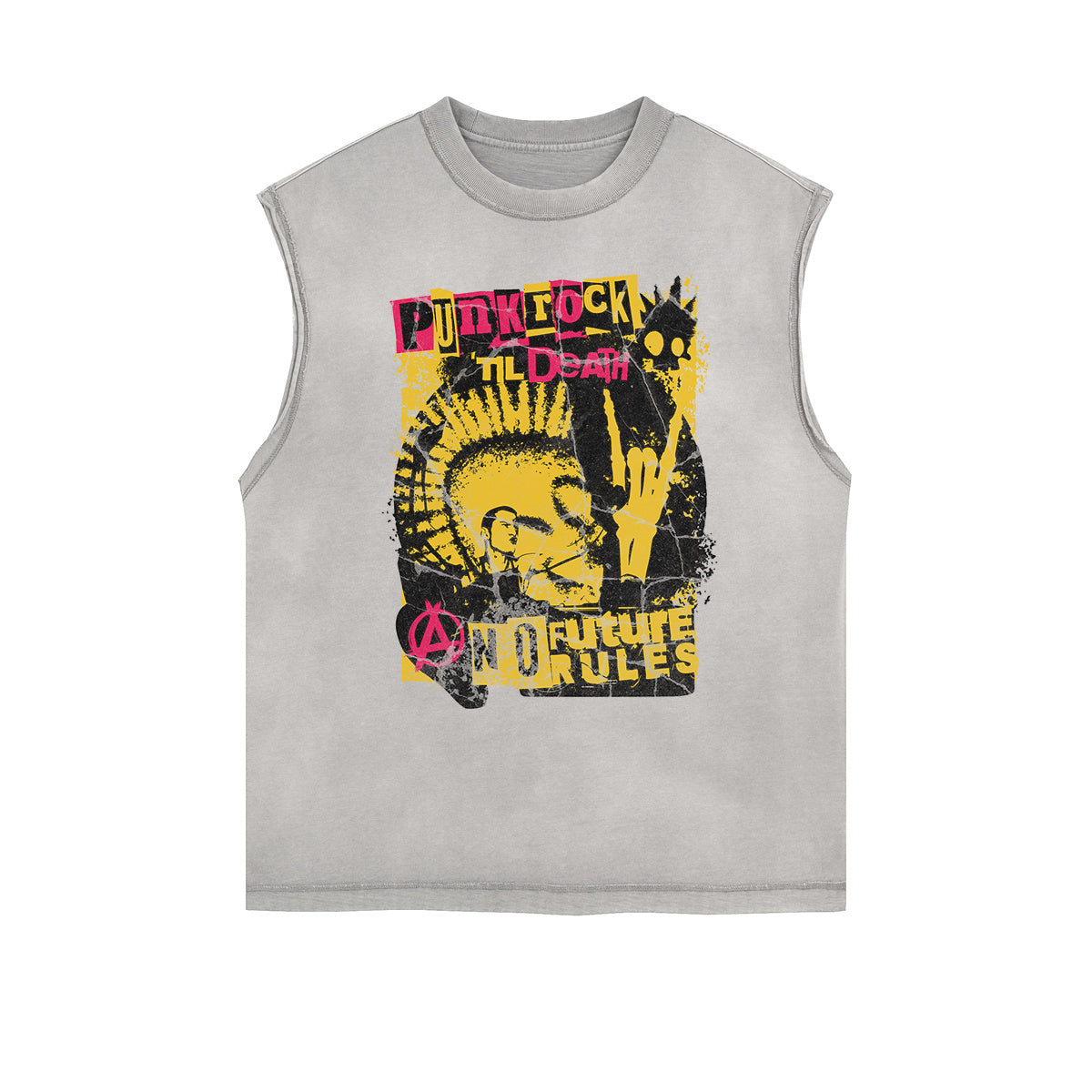 Distressed Sleeveless Rock Style Pattern Tee