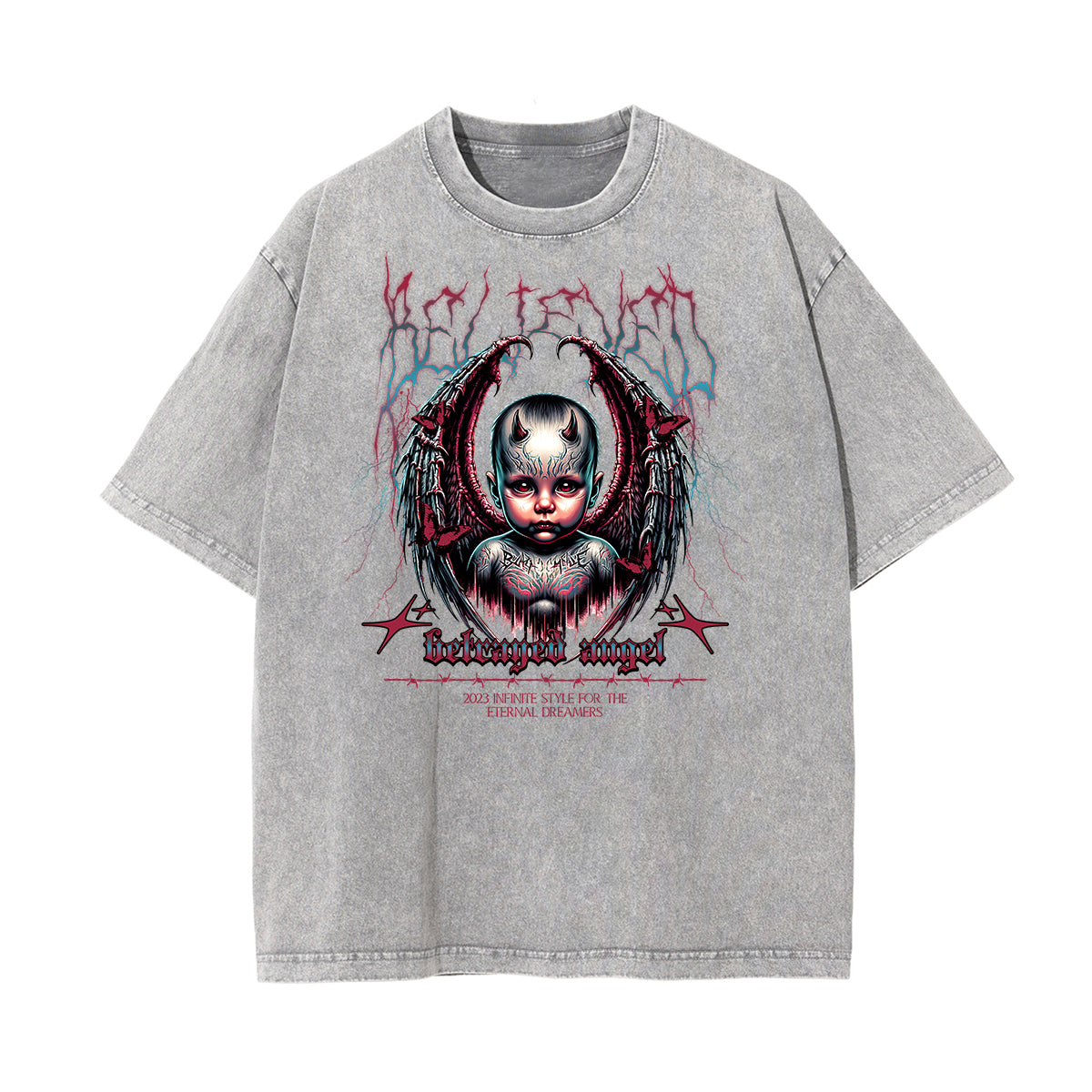 Stone Wash Fallen Angel Pattern T Shirt