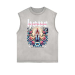 Distressed Sleeveless Floral Pattern Tee