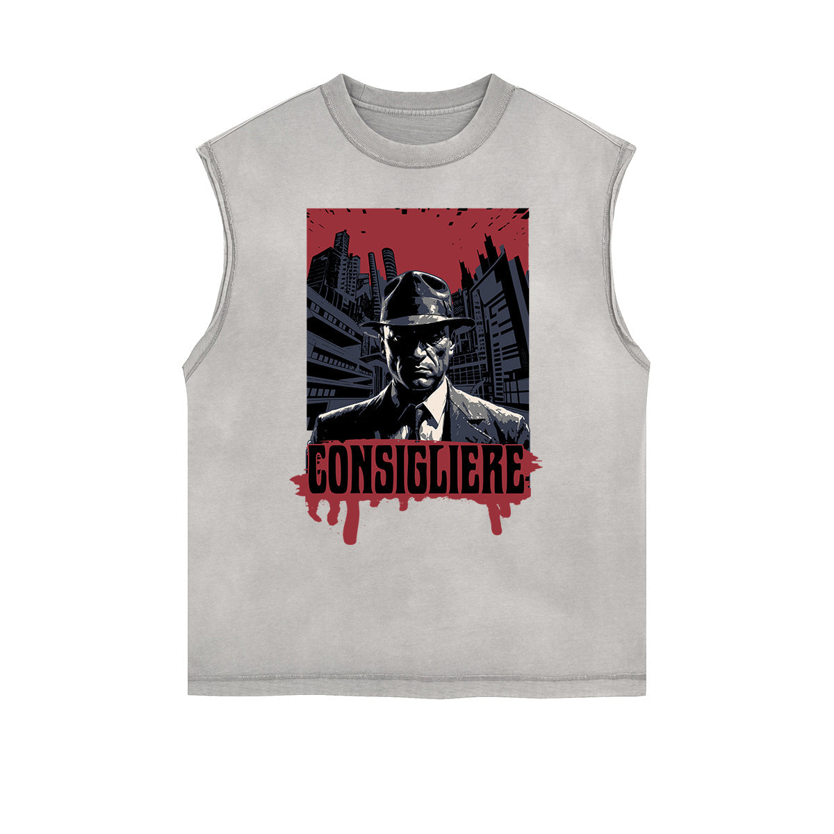 Distressed Sleeveless Gangster Style Pattern Tee