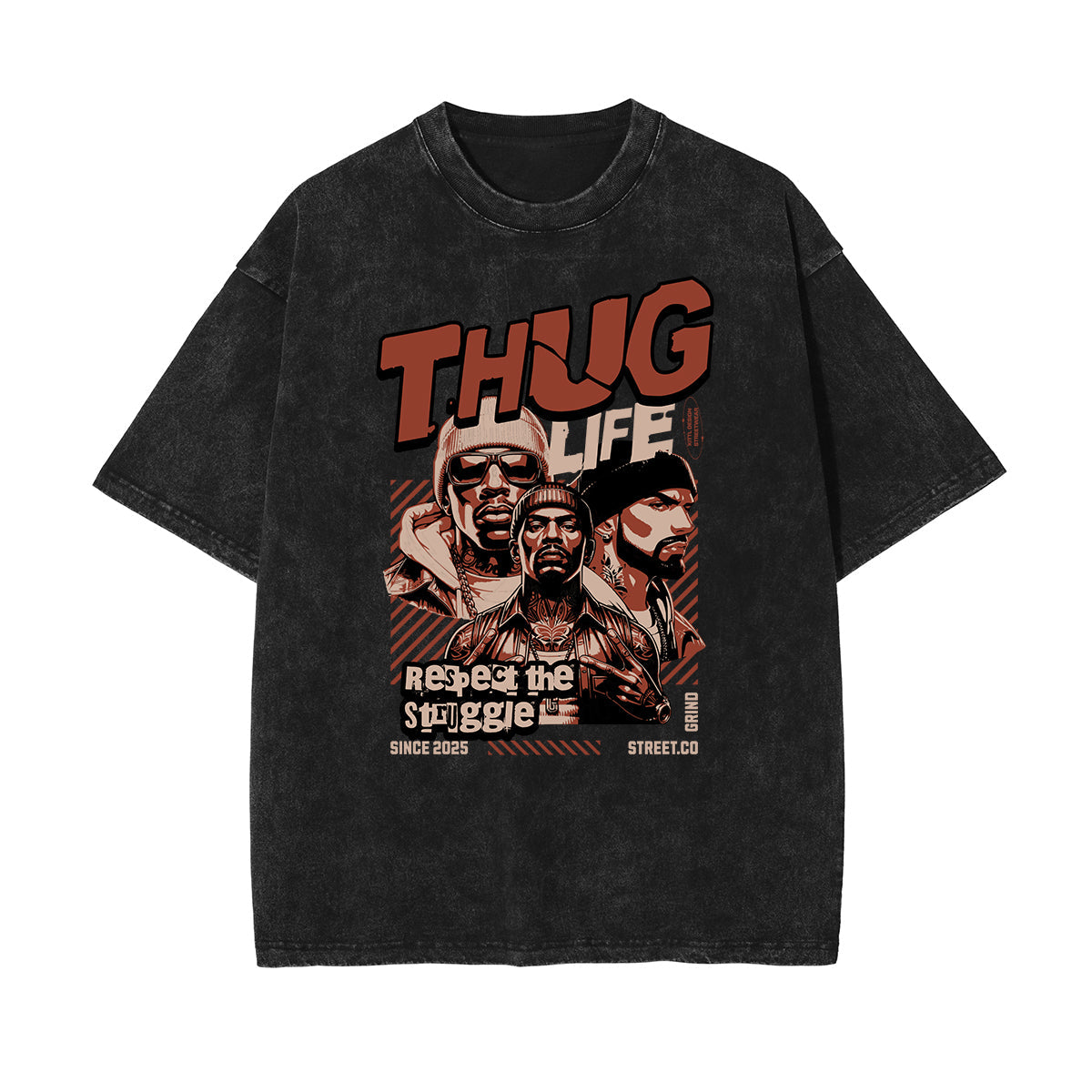 Stone Wash Gangster Style Pattern T Shirt