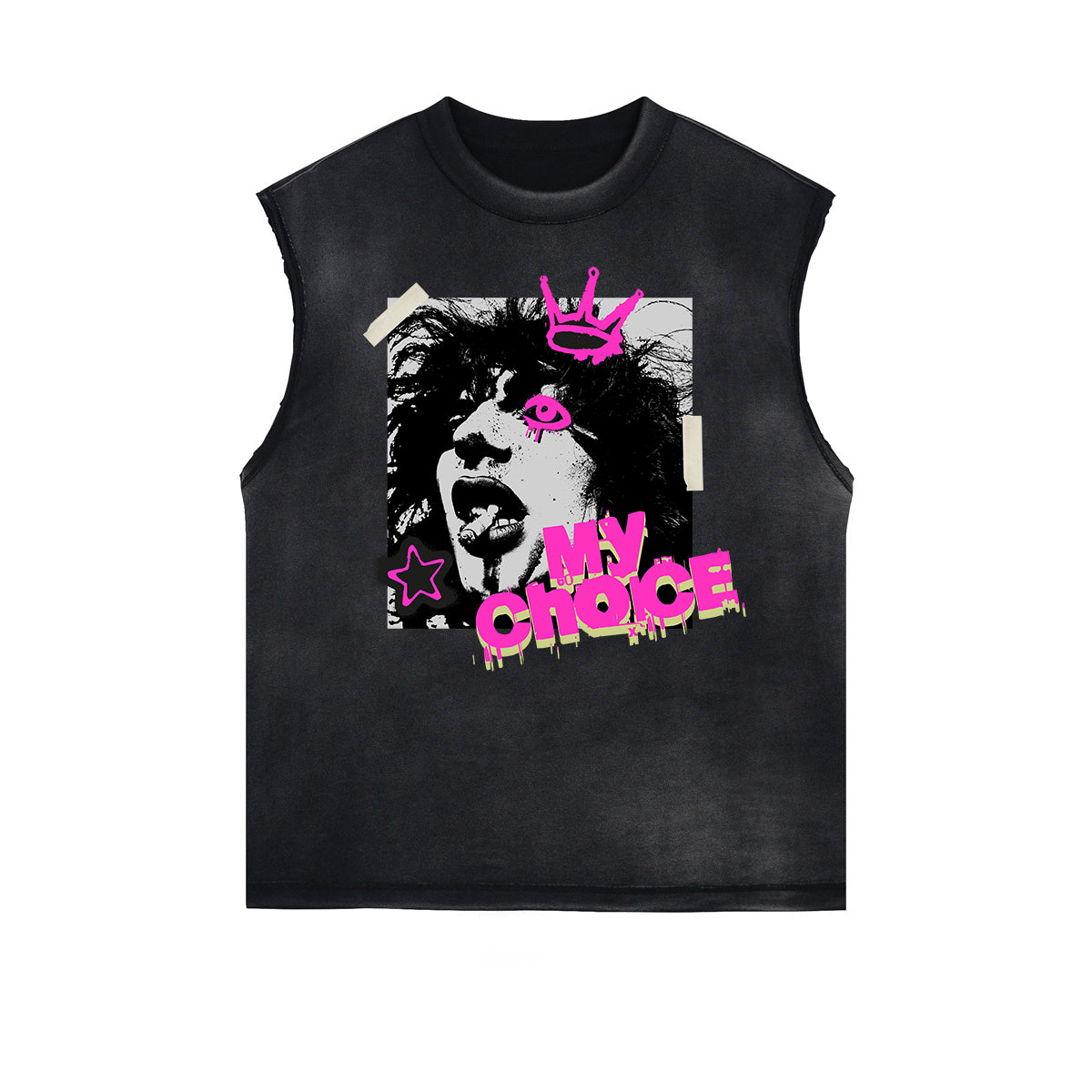 Distressed Sleeveless Graffiti Pattern Tee