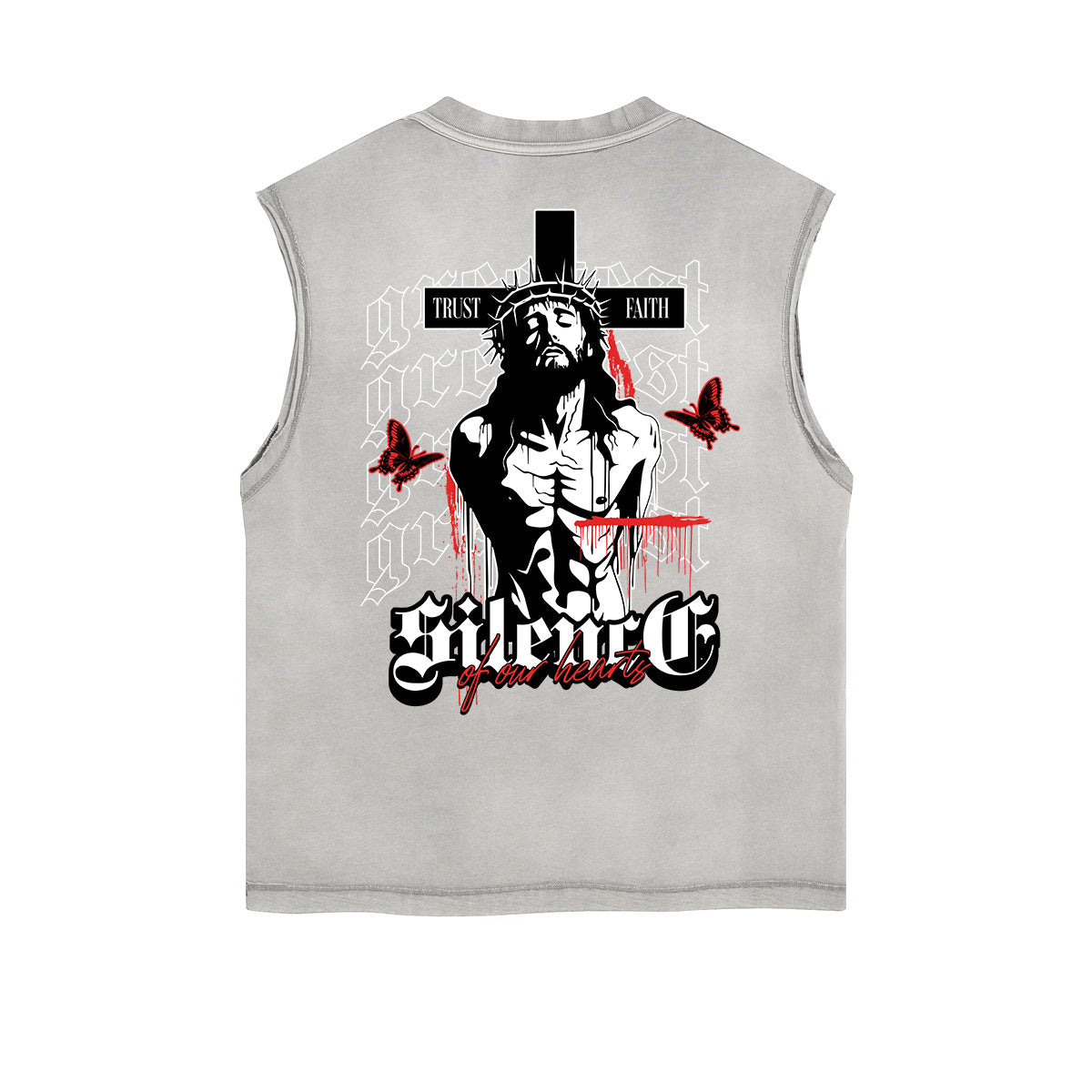 Distressed Sleeveless Jesus Pattern Tee