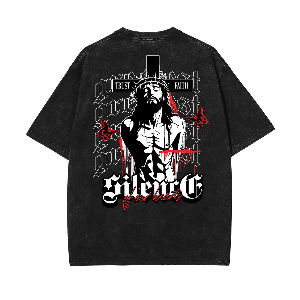 Stone Wash Jesus Pattern T Shirt