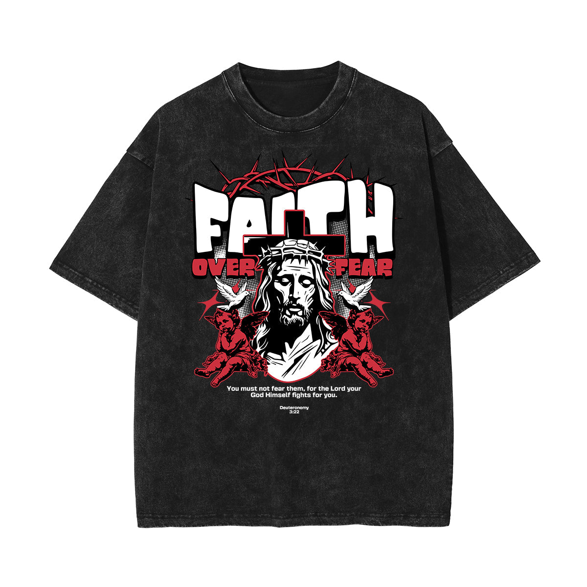 Stone Wash Jesus Pattern T Shirt