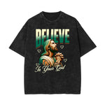 Stone Wash Jesus Pattern T Shirt